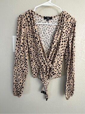Lulu's Tan and Black Leopard Wrap Long-Sleeve Bodysuit